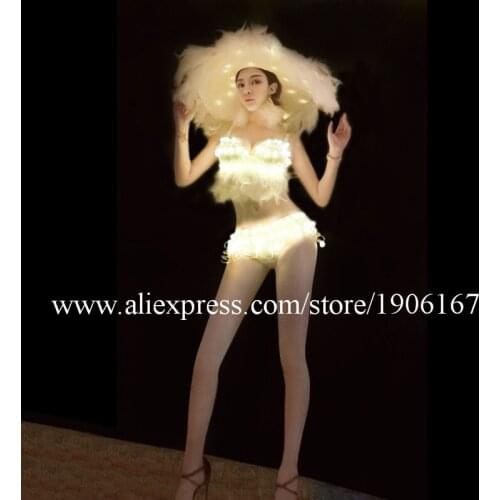 LED Luminous Bikini Set Lady Sexy Nightclub Party Dress Led Light Up Hat Festival Bar Costume Model Catwalk Show LED Stage Wear