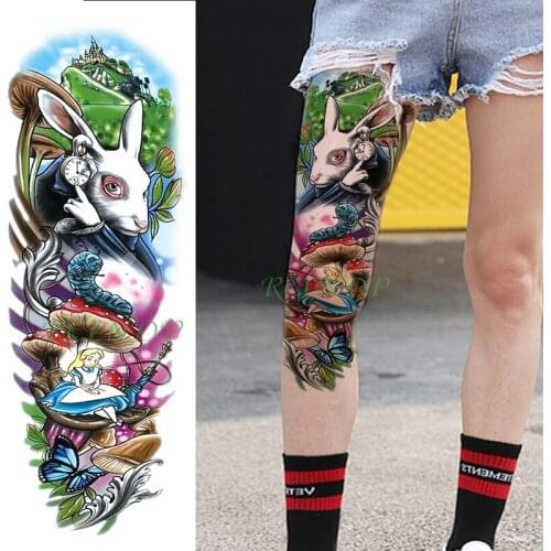 Waterproof Temporary Tattoo Sticker Big white rabbit and girl sitting on mushroom colorful fake tatto flash tatoo for men women