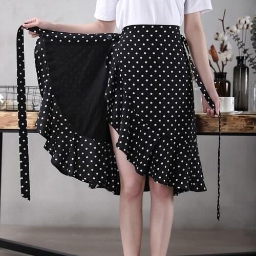 High Waist Mermaid Skirt Women Elegant Ruffle One Piece Dot Print Chiffon Skirts Irregular Wrap Knee Length Midi Faldas Mujer