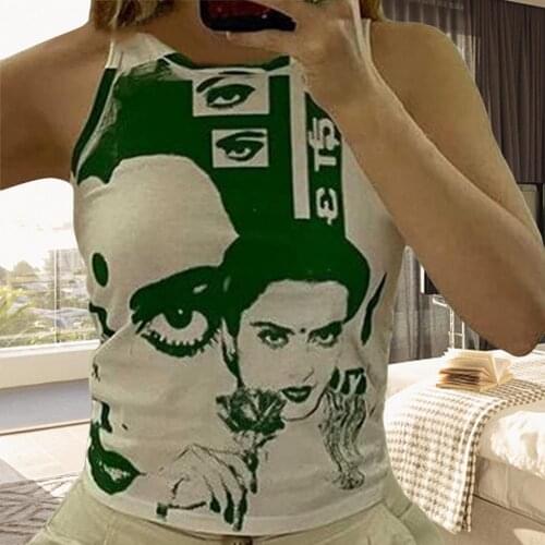 Y2K Womens Tie Dye Tank Top Face Portrait Print Sleeveless Shirt Summer Ladies Casual Tee Shirt