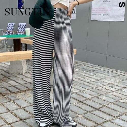Sungtin Irregular Striped Wide Leg Pants for Women High Waist Vintage Straight Trousers Korean Chic Design Full Length Female