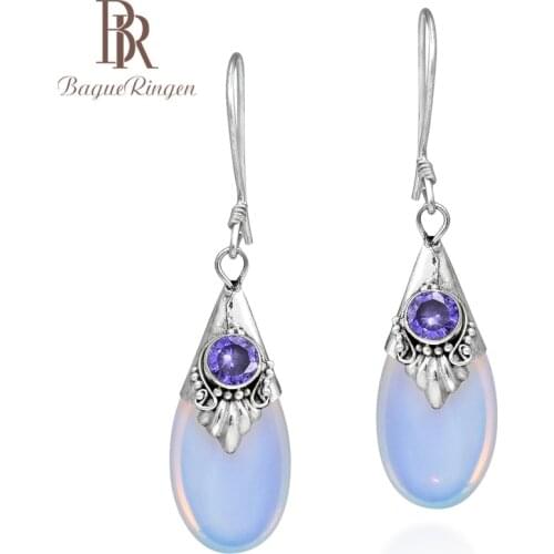 Bague Ringen 925 Sterling Silver droplets Amethyst Moonstone Dangle Drop Earring Female wedding party Jewelry Gift wholesale