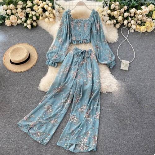 Jastie Bohemian Style Women Suit Boho Lantern Sleeve Square Neck Blouse Tops High-waist Casual Wide-leg Pants Two-piece Suit