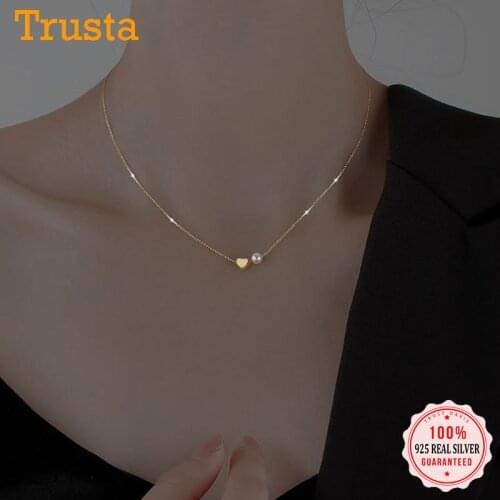 TrustDavis Real 925 Sterling Silver Romantic Heart Synthesis Pearl Choker Necklace For Women Birthday Gift Fine Jewelry DB1404