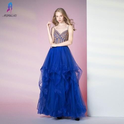 Royal Blue Ruffles Prom Dresses Long Gold Crystals Evening Gown Straps Tulle Lace-up MSHBLUE