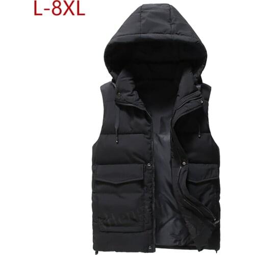 New Mens Winter Vest Windproof Hat Detachable Waistcoat Warm Thick Plus Large Size 8XL Sleeveless Jacket Simple Solid Men Vests