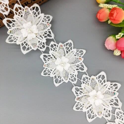 1 yard Flower Pearl Multicolor 3D Diamond Embroidered Lace Trim Ribbon Wedding Applique Sewing Craft For Apparel DIY Decoration