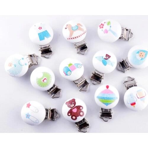 10 Baby Pacifier Clips Mixed Pattern White Wood Metal Holders Cute Infant Soother Clasps Funny Accessories 4.4x2.9cm