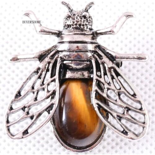 37x37MM Cicada Brooch Natural Stone Tigers Eye Bead Pendant For Men Women Jewelry Gift 1Pcs K621