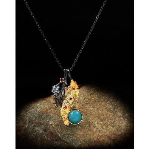 CIZEVA Vintage Jewelry Original Branch Leaves Inlaid Turquoise Pendant Necklace Personality Black Gold Filled Sweater Chains