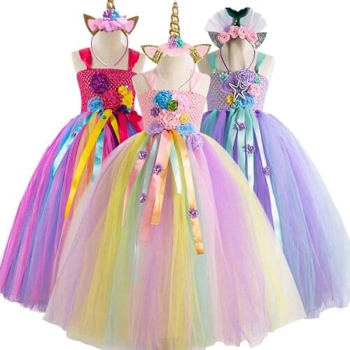 Flower girl wedding party long Decal Sequin dress girls birthday Eucharist party role play mesh Princess Pink Flower Dress