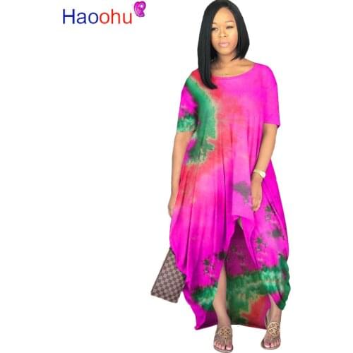 HAOOHU Women Tie Dye Print O-neck Short Sleeve Loose Casual Irregular Maxi Dress Fashion Streetwear Long Dresses