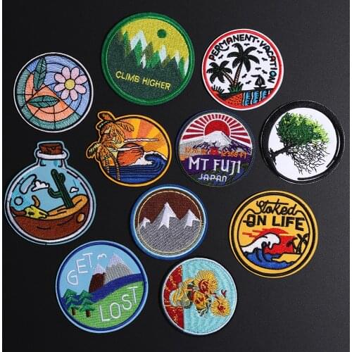 Fine Animal Round Forest Coconut tree Embroidered Appliques Iron On Sea wave Drifting bottle Patches Diy Mount Fuji Japan Badges