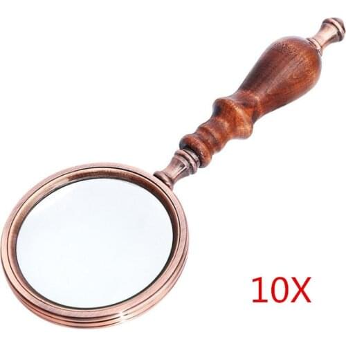 Metal 10X wooden handle vintage collection gift reading magnifying glass high-end handheld optical glass solid wood