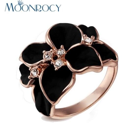 MOONROCY Crystal Rings Rose Gold Color Black Flower Jewelry Wholesale Trendy Black Flower CZ Ring Womens Gift Drop Shipping