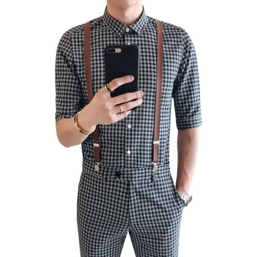 Swallow Check Summer And Slim Fit Men Classic Vintage Shirt Ankle Length Pant Suit Set