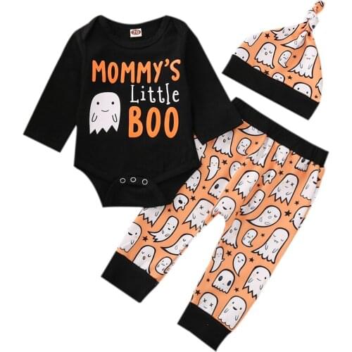 2020 New Halloween Newborn Baby Boys Girls 3Pcs Set Ghost Letter Print Long Sleeve Bodysuit+Ghost Print Long Pants+Hat