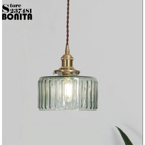 Nordic vintage brass glass droplight Carved glass water wave Pattern hanging lights Copper pendant lighting glass lampshades