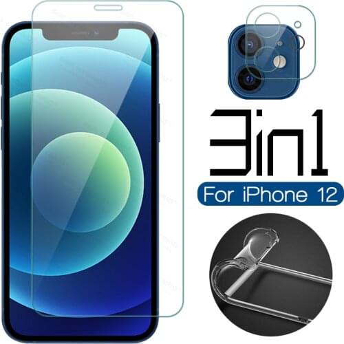 For iPhone 12 11 Pro Max 3in1 Transparent Case For iPhone 12 Mini Tempered Glass on iPhone12 12Pro Max 12Mini Camera Film Cover
