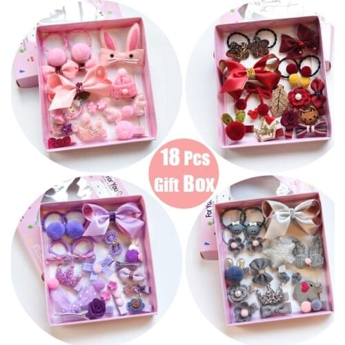 Raindo 18 Pcs/Box Children Cute Hair Accessories Set Baby Fabric Bow Flower Hairpins Barrettes Hair clips Girls Headdress Gift