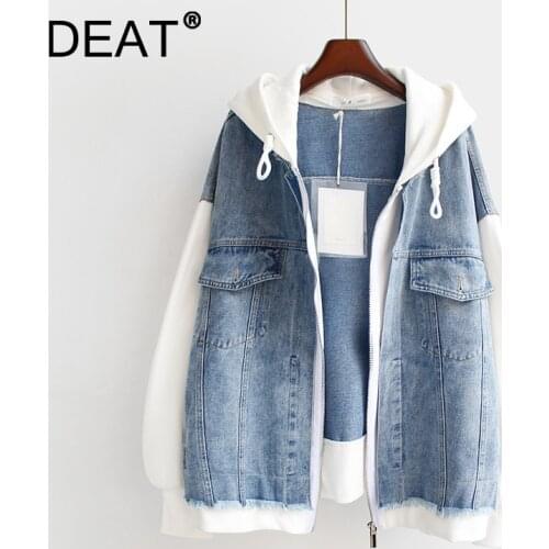 DEAT Woman Jacket Denim Hooded Patchwork Long Sleeve Zipper Frayed Loose Streetwear Style Coat 2021 New Autumn Fashion 15XM823