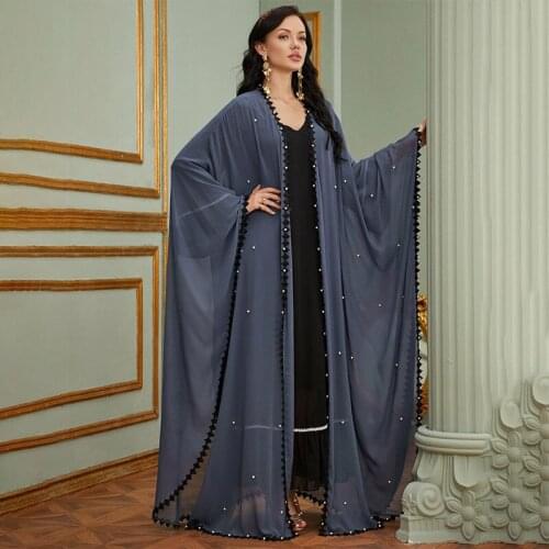 Women Summer Lace Trim Pearl Bat Wing Chiffon Open Dress With Matching Scarf Abaya Dubai Turkey Muslim Hijab Kimono 2 Piece Sets