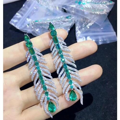 Green and white color mixed feather earring long earring 925 sterling silver with cubic zircon fine women jewelry