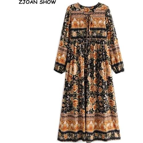Autumn Bohemia Lacing up V neck Flower Print Long Dress Black BOHO Woman Long Sleeve Tassel Strappy Holiday Dresses Beach
