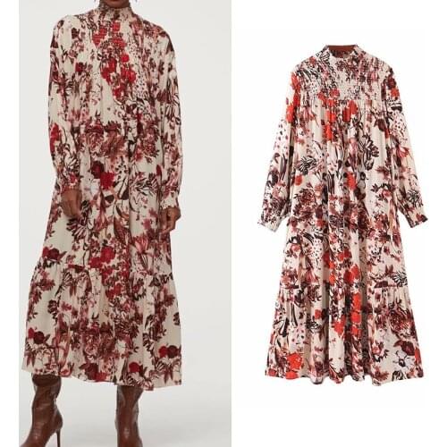 Casual za 2019 women dress floral print loose high waist elastic long dress long sleeve stretchy vestidos fashion ropa mujer