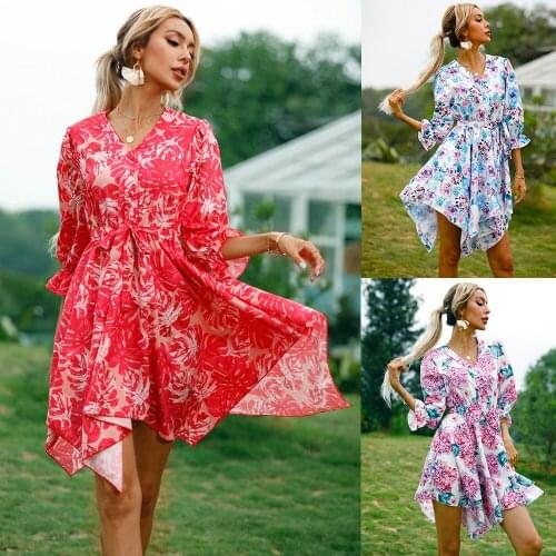 2021Summer Floral Print Boho Dress Women Half Sleeve V Neck Button Pleated Dresses Party Holiday Sashes Red Robe Femme Sundress