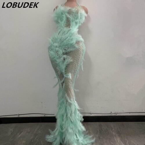 Women Celebrate Stage Performance Feather Dress Sexy Halter Mesh See-through Long Dresses Singer Banquet Evening Prom Show Dress