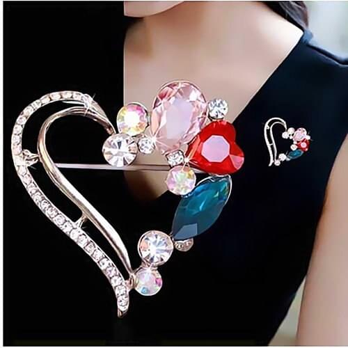 Gold Color Trendy Lady Party Heart Brooch Special Colorful Crystals Bridal Brooch Pins