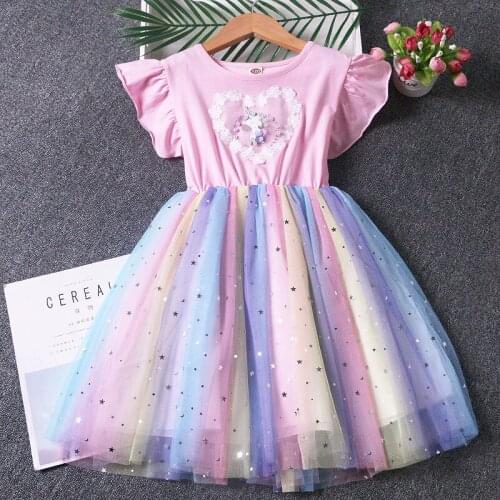 2021 Girls' Summer Princess Dress Childrens Lace Rainbow Star Shawl Dress Birthday Dress Unicorn Dress