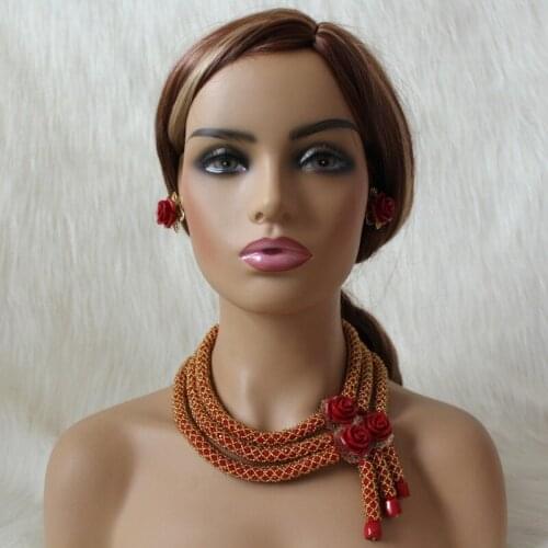 4UJewelry African bridal Jewelry Set Red and Gold Three Layers Big Design Party Women Jewellery Set 2020 New Design Coral Flower