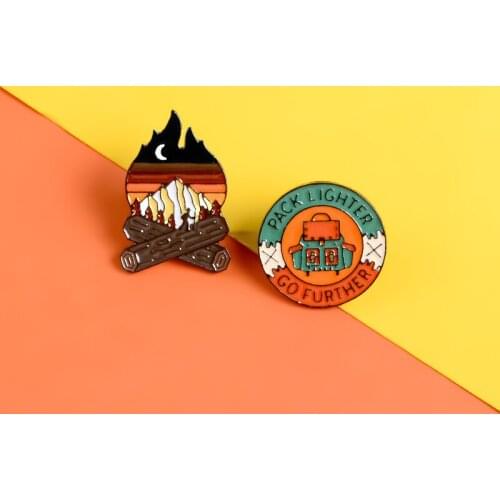 Adventure round enamel pin Pack Lighter Go Further badge brooch Bonfire night Jackets shirt bag Lapel pin jewelry Explorer gift