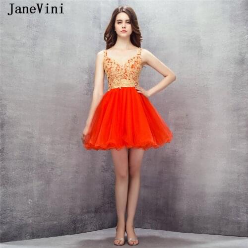 JaneVini Sexy 2019 Homecoming Dresses for Girls A Line V Neck Gold Lace Appliques Beaded Backless Tulle Mini Graduation Dresses