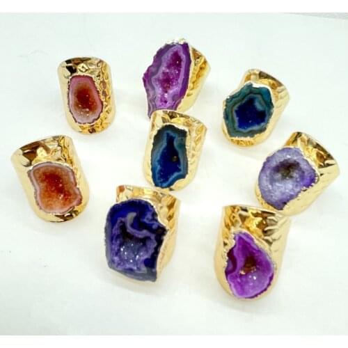 Hot Selling Big Gold Rim Vintage Retro Geode Crystal Flower Agate Stone Slice Adjust Open Hammered Ring Cuff for Woman Man Ring
