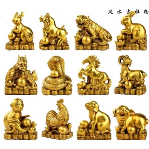 TOP COOL Asia home propitious Ornament The 12 Chinese Zodiacs cow tiger dragon snake horse monkey dog FENG SHUI brass statue