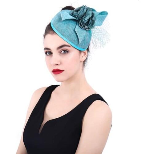 British Style Bride Small Hat Blue Flax Big Flower Bow-knot Mesh Headdress Handmade Vintage Hair Accessory Banquet Ladies Hats