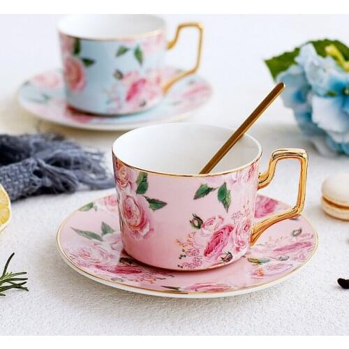 Fashion gold rim Rose pattern Ceramic Coffee Cup Household Coffee Cup Saucer Set Simple Afternoon tea mug water Cup with Spoon