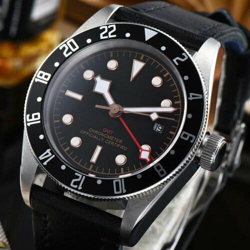 Mens watch 41mm black bezel sapphire glass GMT Automatic mechanical Military Sport Leather luminou waterproof sterile dial watch