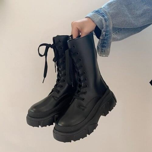 2021 New Mid-tube Boots Womens Autumn and Winter Fashion Lace-up Zipper Boots Outdoor Sports Platform Heel Womens Shoes