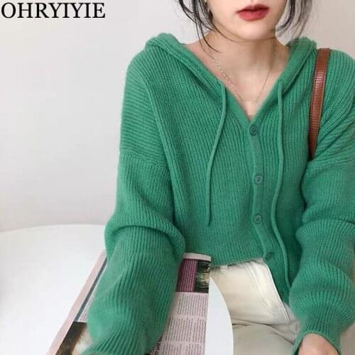 OHRYIYIE Women Hooded Sweater Autumn Winter Cardigan Korean Style Casual Pink Green Knitted Cardigans Coats Female Pull Femme