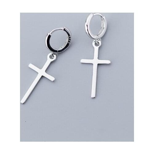 Authentic Real 100% 925 Sterling Silver Jewelry Polished Cross Hoop Huggie Earrings Charms C-E7898