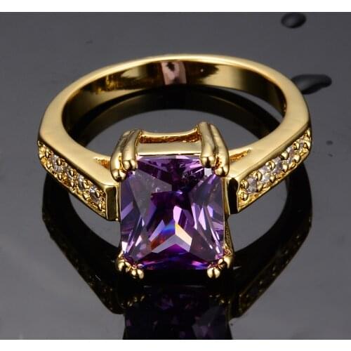 Luxury Female Purple Square Crystal Ring Vintage Yellow Gold Wedding Rings For Women Promise Big Zircon Stone Engagement Ring