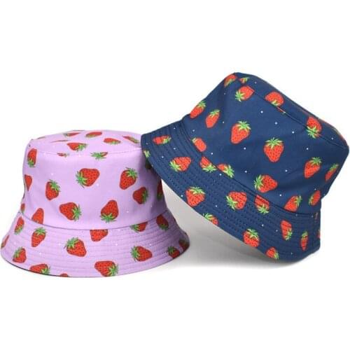 2021 New Strawberry Print Double-Sided Fisherman Hat Women Mens Fashion Fruit Summer Panama Hat Sun Fishing Bob Fisherman Hat