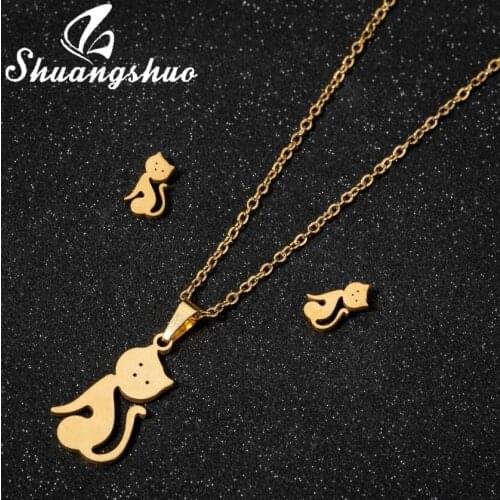 Shuangshuo Stainless Steel Jewelry Sets Trendy Lovely Kitty Cat Pendant Necklace Earrings for Women Fashion Jewelry Gift