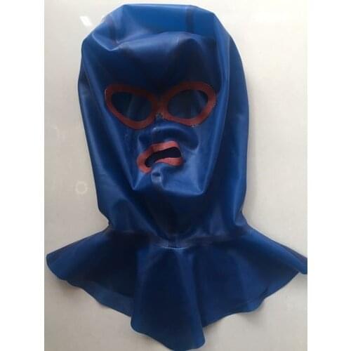Top 100% pure natural latex fetish zentai handmade Blue and Red spliced with back zipper and neck collar rubber mask Hot Sale