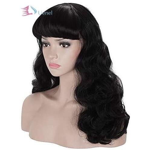 Uenel 50s Vintage Medium Length Black Wigs with Bangs | Natural Wavy Synthetic Hair Wig for Women Cosplay Halloween