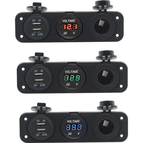 Car Boat Dual USB Charger + LED Voltmeter + Power Outlet Socket 3 Holes Panel